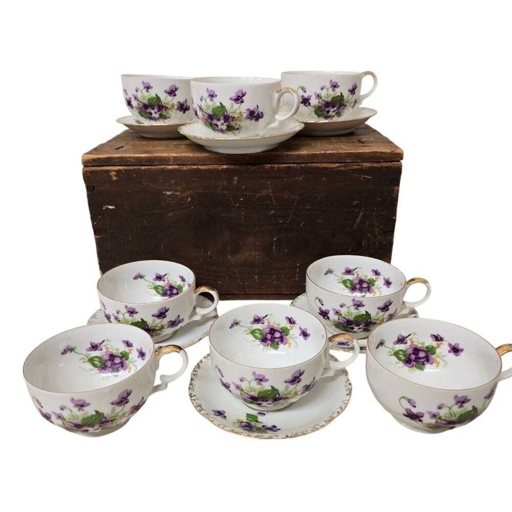 Vintage Norcrest Purple Violet Bone China Teacup & Saucer 14 pieces